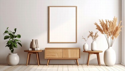 A white wall with an empty picture frame, small brown wooden side tables on the living room
