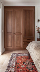 Elegant wooden wardrobe and cozy bedroom interior with patterned rug.