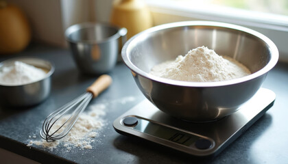 Flour weighed on digital kitchen scale for baking preparation. Silver bowl, whisk, measuring cup, countertop, display, indoor scene. Home cooking, culinary process. Healthy eating lifestyle concept.