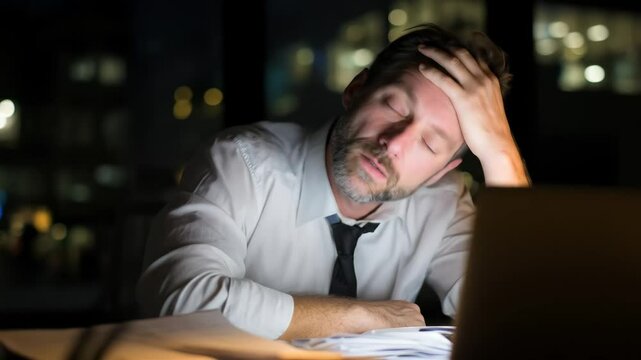 Close-up of a tired man sitting alone in an empty office at night, his face illuminated by the glow of a computer monitor, reflecting late work hours and fatigue.

