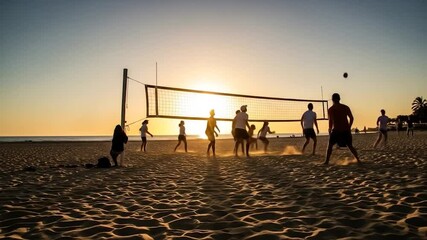 Beach Volleyball Game at Sunset: Players Spiking and Serving in Golden Light