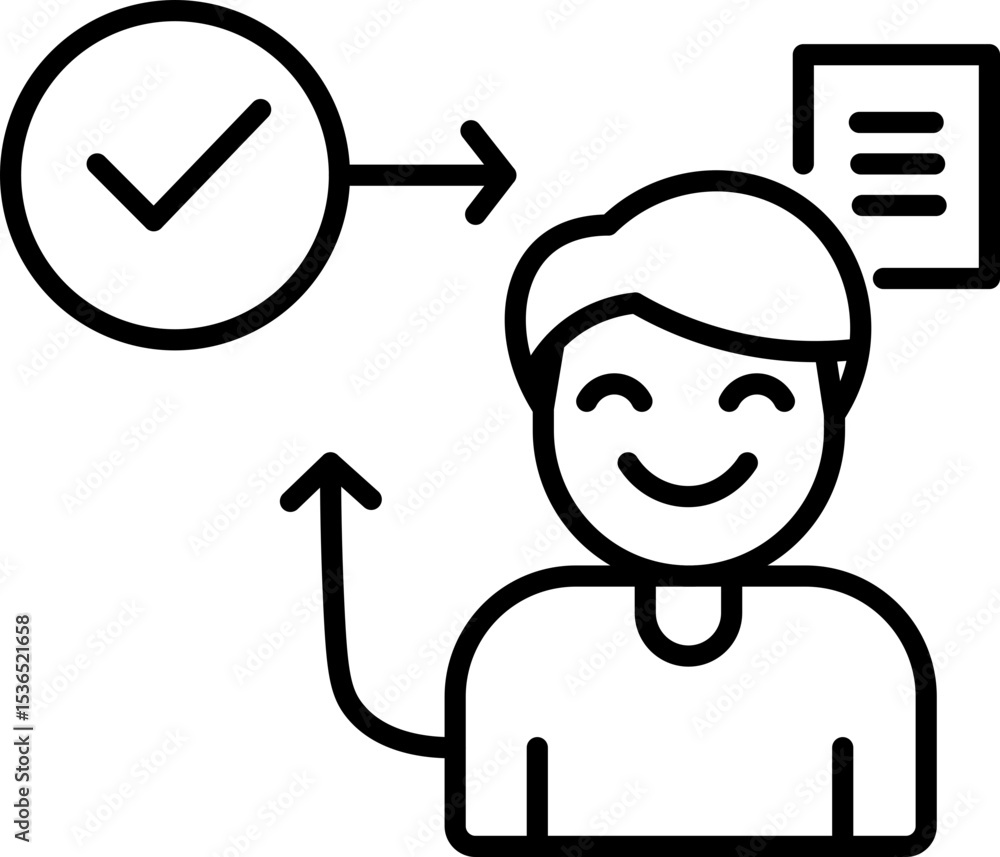 Poster smiling person with checkmark and document icon represents successful task completion. illustration 
