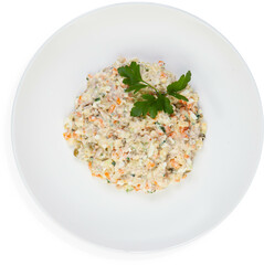 A white plate with rice and vegetables on a white background