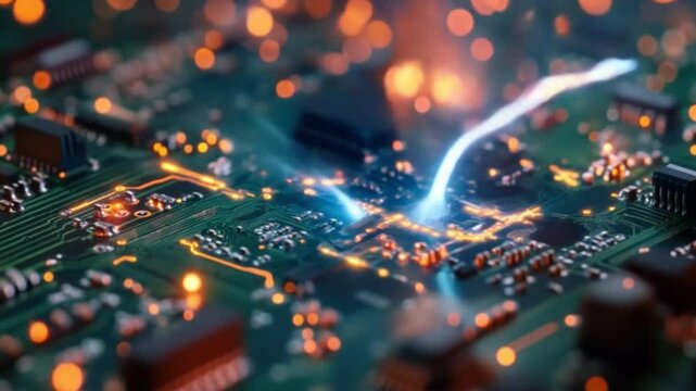 PCB Macro Overload &ndash; Electric Arc Flash with Orange-Blue Sparks
