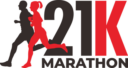 Silhouette of a man and woman running a 21K marathon - vector logo design - vector illustration