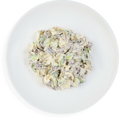 A white plate topped with a fresh salad on a white background
