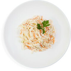 A white plate with coleslaw and parsley on a white background
