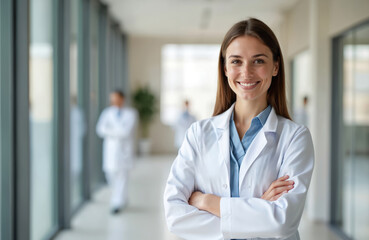 Naklejka na ściany i meble Smiling young female doctor in white coat stands arms crossed in modern medical clinic. Confident, happy medical professional with healthy teeth in hospital hall. Healthcare worker.