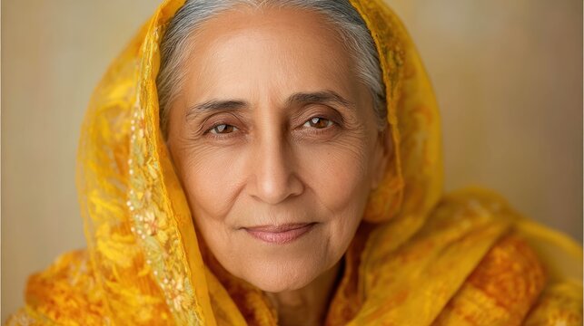 Portrait of an older South Asian woman with traditional attire, serene expression, clean backdrop