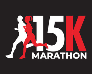 Silhouette of a man and woman running a 15K marathon - vector logo design - vector illustration