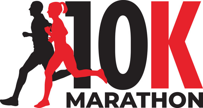 Silhouette of a man and woman running a 10K marathon - vector logo design - vector illustration