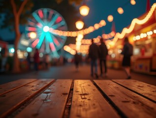 Top-down view of a rustic wooden table at a night fair. A romantic, blurred couple walks by under colorful, sparkling carnival bokeh lights