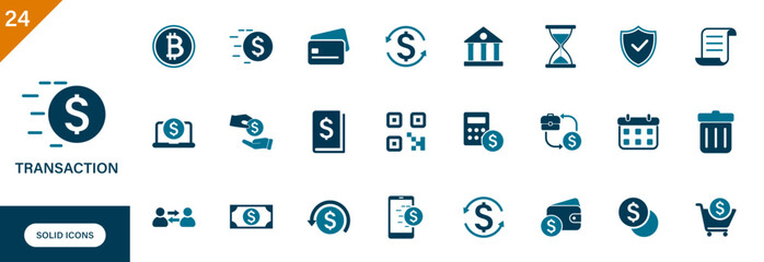 Transaction icon. Bank, invoice, qr code, cash, credit card, transfer, business, finance. Solid vector icons collection.