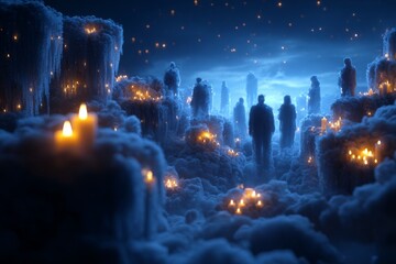 Conceptual floating ofrenda made of clouds, candles flickering in midair, ghostly silhouettes of loved ones appearing subtly in the sky ethereal and emotional theme