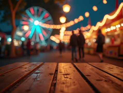 Top-down view of a rustic wooden table at a night fair. A romantic, blurred couple walks by under colorful, sparkling carnival bokeh lights