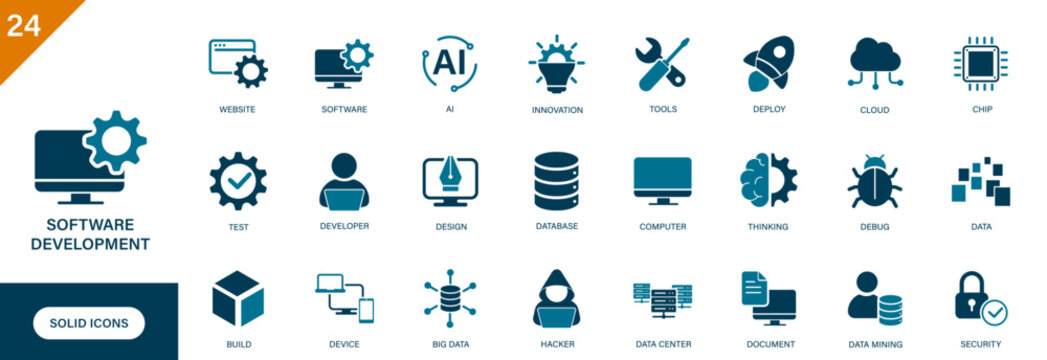 Software development icon. Information technology, computer, programming, data, debug, thinking, chip. Solid vector icons collection.