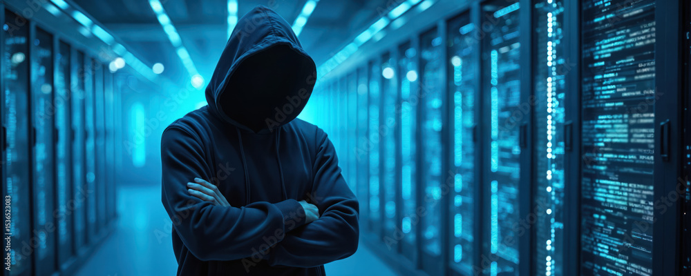 Poster anonymous hacker in hoodie stands in server room, crosses arms. person obscured, unknown identity. c