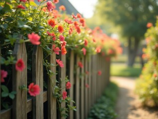 A view along a rustic picket fence with colorful flowers, creating a leading line into a serene garden