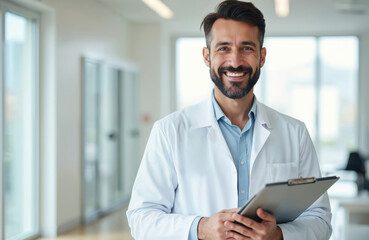 Smiling doctor in clinic holding clipboard. Friendly male medical worker wearing white coat. Healthcare professional at work looking at camera. Medical concept. Healthcare industry. Modern hospital.