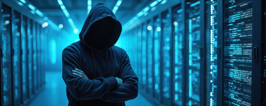 Anonymous hacker in hoodie stands in server room, crosses arms. Person obscured, unknown identity. Cyber security threat, digital crime concept. Cyberattack on data servers. Technology, network