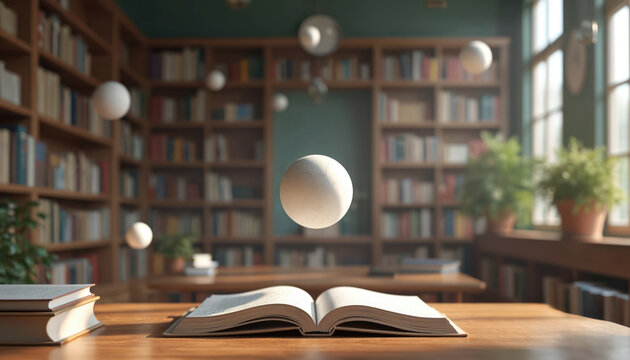 Open book on wooden table with levitating spheres in library. Bookshelves background, sunlight. Education, learning, studying, academic concepts, innovation, knowledge, wisdom, science, technology.