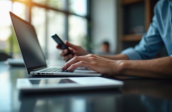 Businessman working on laptop computer at modern office table. Man using mobile phone and typing on laptop, searching info. Business, internet networking, corporate business concept. Working process.