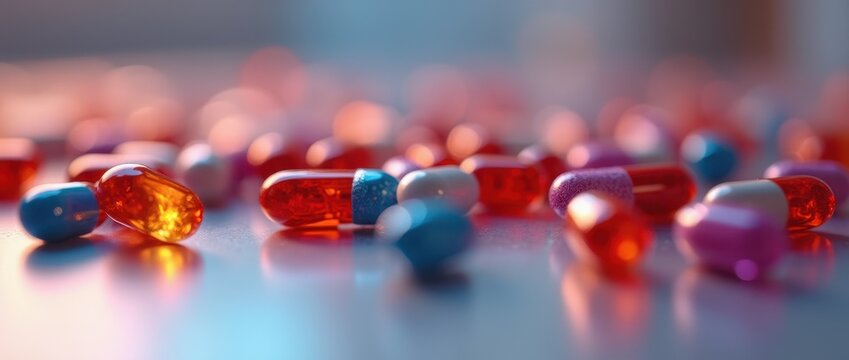 macro shot of one red pill among a blur of other colorful capsules.