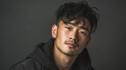 Obraz premium Portrait of young Asian man with glossy black hair, neutral expression, soft background