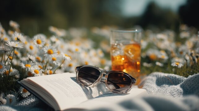 Relaxing still life of a book, sunglasses, and a drink on a picnic blanket in a field of daisies, Spring Bank Holiday leisure concept, soft focus and bright sunlight - Powered by Adobe
