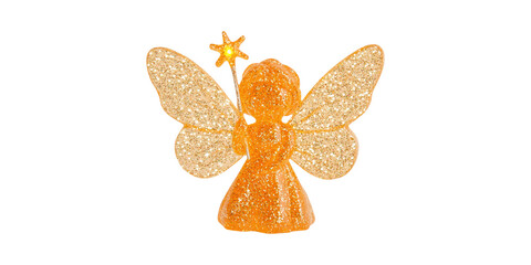Glittery Gold Fairy Figurine With Star Wand . Magical And Decoration Isolated On Transparent Background