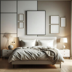 Modern bedroom with a neutral upholstered bed, white bedding, and multiple blank frames on a paneled wall.