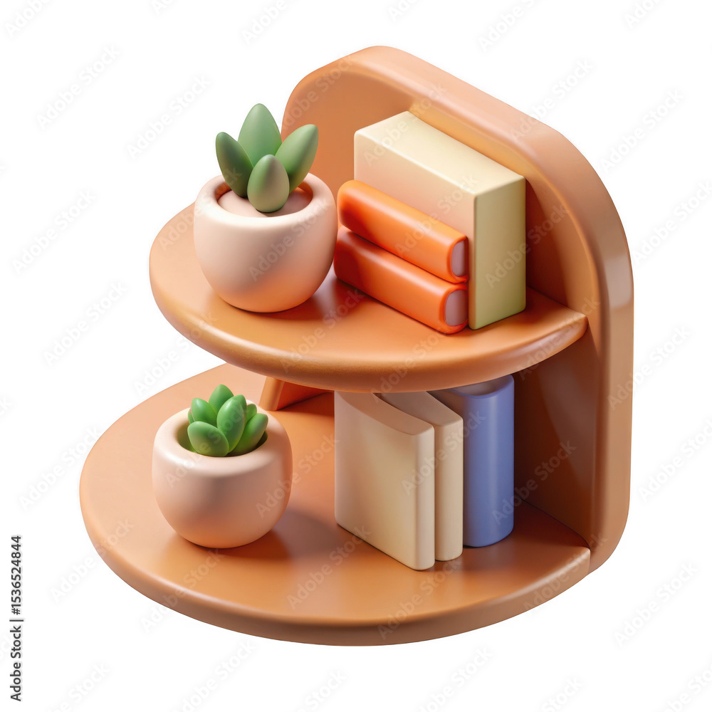 Poster 3d render of minimalist two tiered shelf with succulents and books isolated on transparent backgroun