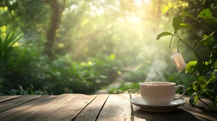 A steaming mug of herbal tea with a teabag in the forest, cup, tea, coffee, drink, table, flower, beverage, hot, breakfast, white, mug, cafe, food, flowers, teacup, spring, nature, wood, morning