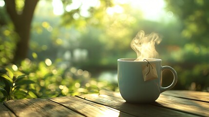 A steaming mug of herbal tea with a teabag in the forest, cup, tea, coffee, drink, table, flower, beverage, hot, breakfast, white, mug, cafe, food, flowers, teacup, spring, nature, wood, morning