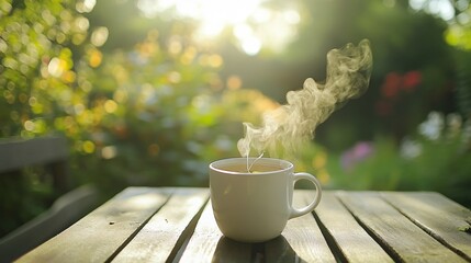 A steaming mug of herbal tea with a teabag in the forest