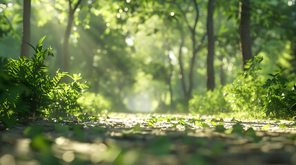 Fototapeta premium Serene Sunlit Forest Paths: Morning Light Filtering Through Lush Canopies