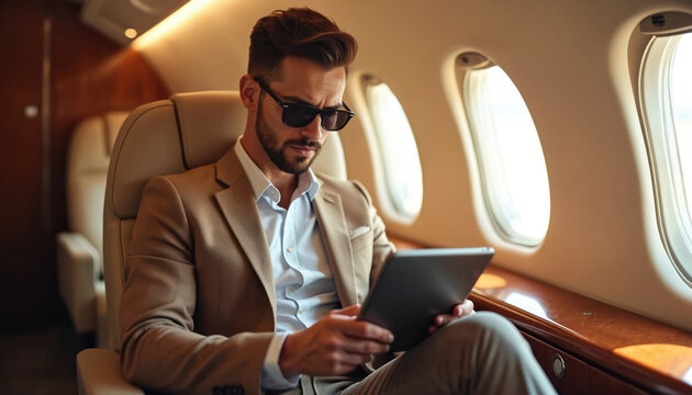 Successful businessman using tablet computer on private jet. Wealthy man travels in luxury with technology, working during flight. Entrepreneur lifestyle, business travel, first class comfort. - Powered by Adobe