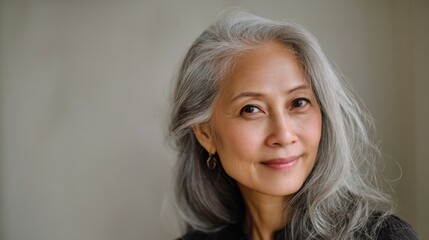 Senior Asian woman with silver hair, soft expression, subtle lighting, clean backdrop