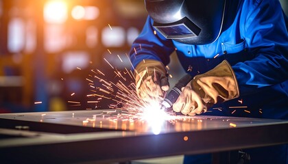 Welder at work with sparks flying in factory.