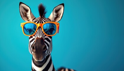 Stylish zebra wearing orange sunglasses on blue background. Animal portrait with funky, quirky, cool fashion look. Creative colorful image for advertising design.