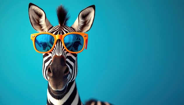 Stylish zebra wearing orange sunglasses on blue background. Animal portrait with funky, quirky, cool fashion look. Creative colorful image for advertising design.