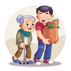 Volunteer Assisting Elderly Person with Carrying Groceries