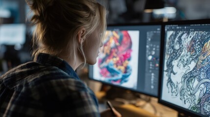Side view of a designer using AI software to morph a traditional sketch into digital art, dual monitors with evolving visuals, creative workspace setup