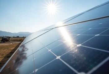 Close-up view of solar panels reflecting sunlight in a clear blue sky