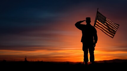 Silhouette of a saluting soldier at sunset in front of a waving American flag, dramatic lighting and sky, concept of honor and remembrance for Memorial Day