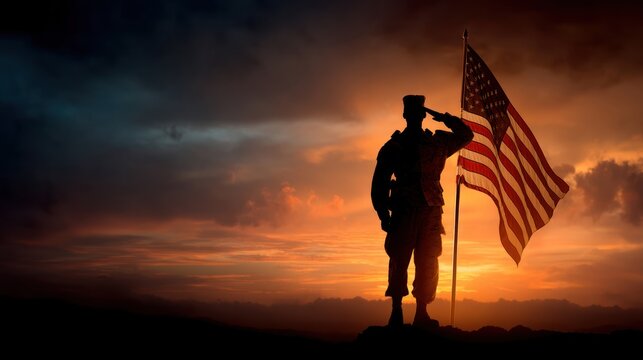 Silhouette of a saluting soldier at sunset in front of a waving American flag, dramatic lighting and sky, concept of honor and remembrance for Memorial Day