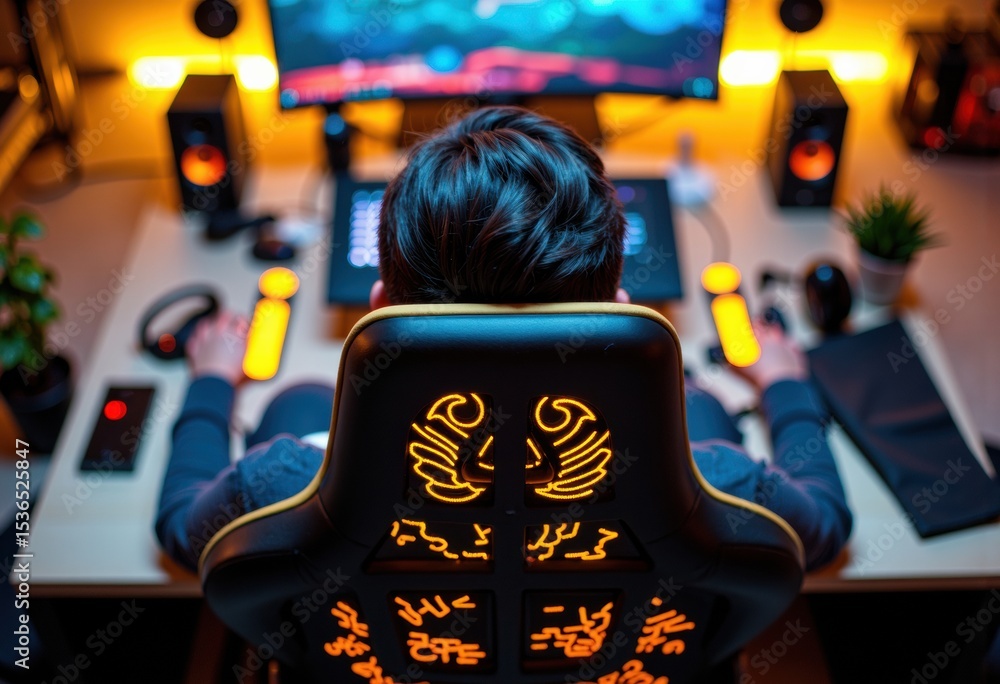 Poster person working at a gaming or editing station with multiple screens and colorful lighting, view from
