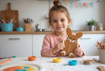 A cheerful girl holding a decorated gingerbread bunny in a bright kitchen