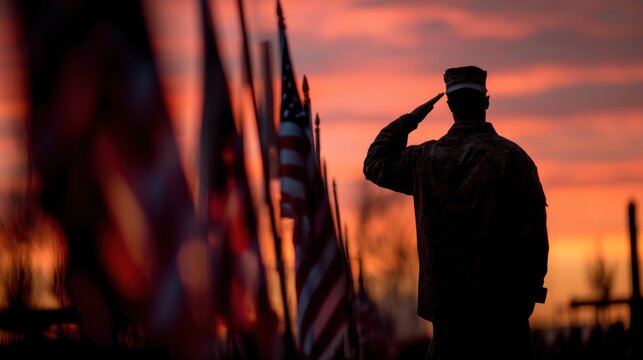 Silhouetted soldier saluting at sunset near a row of American flags, peaceful cemetery in the background, respectful and emotional Memorial Day tribute