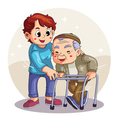 Volunteer Helping Elderly with Walker